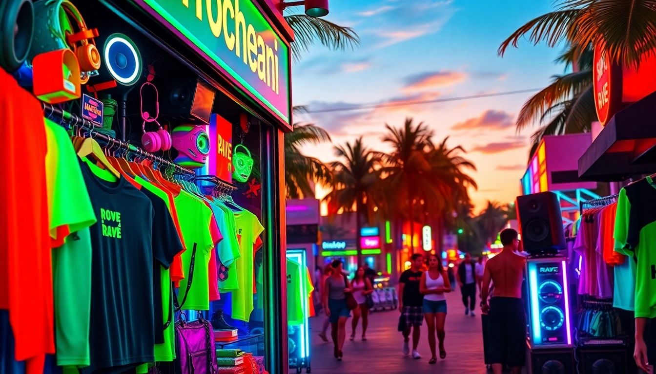 Explore an energetic rave store in Miami showcasing colorful merchandise for partygoers.