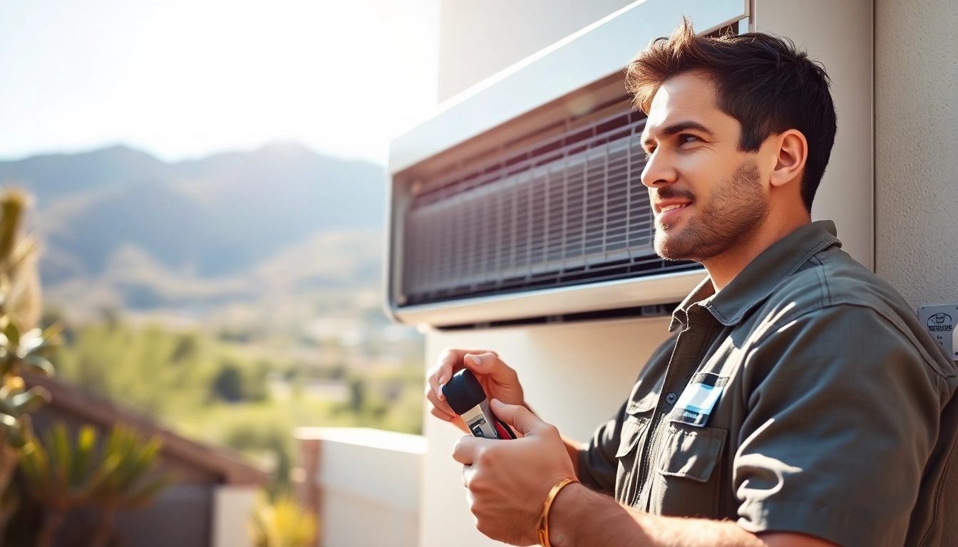 Repairing scottsdale ac unit with professional technician in bright Scottsdale setting.