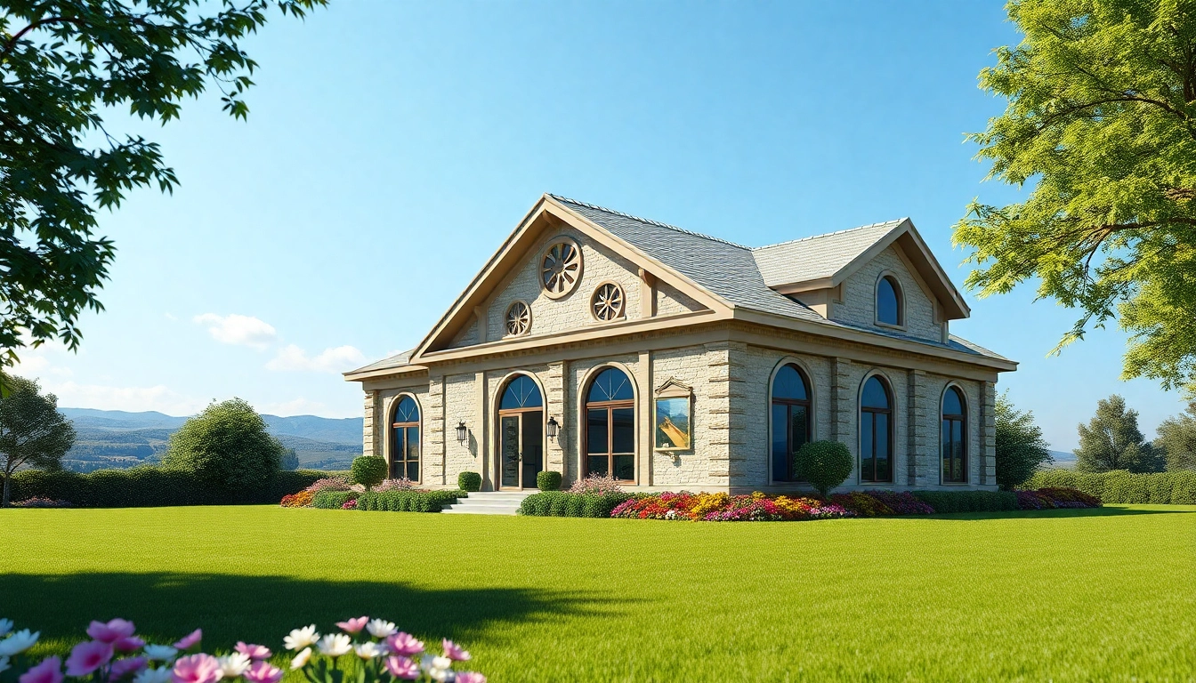 3d visualisierung von einem fotorealistischen architektonischen Modell in einem Garten.