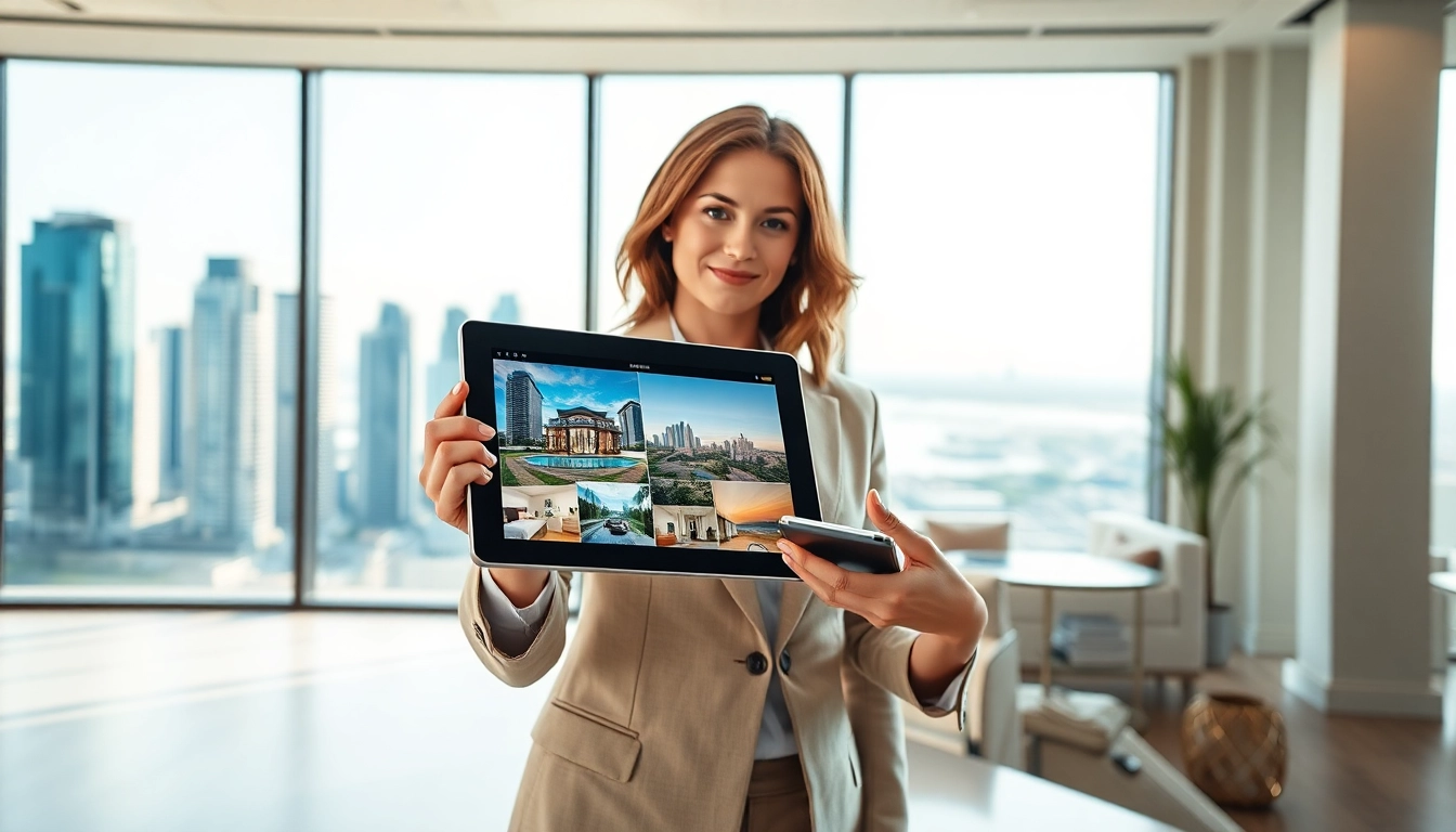 Showcasing luxury international real estate by a professional agent in a modern office.