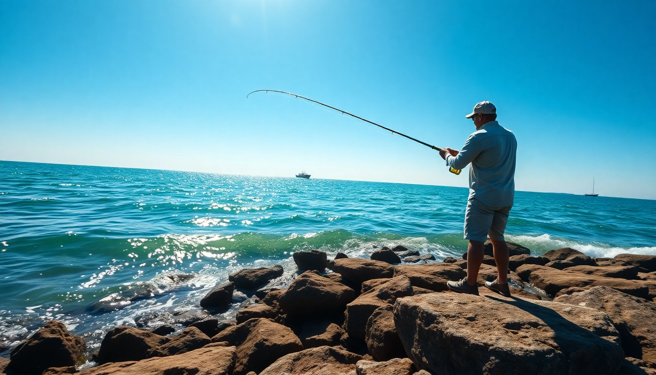 Casting a line for saltwater fly fishing while surrounded by ocean waves and distant boats.