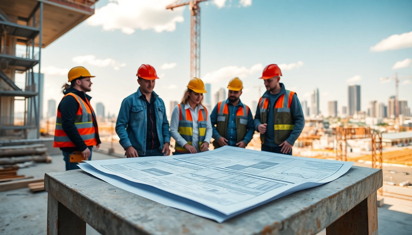 Showcasing careers in construction, diverse professionals collaborate on-site with blueprints.