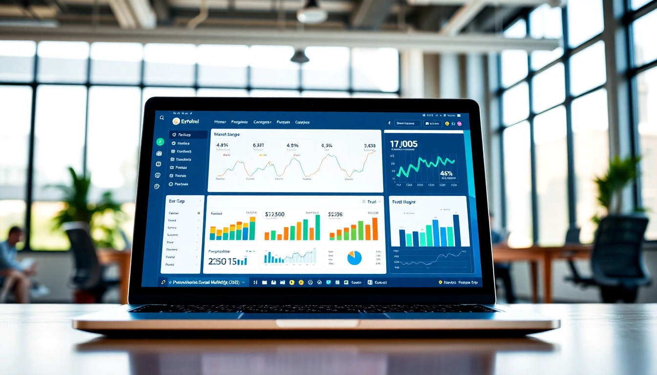 Utilizing cheap smm panel displayed on a laptop within a bright modern office setting.
